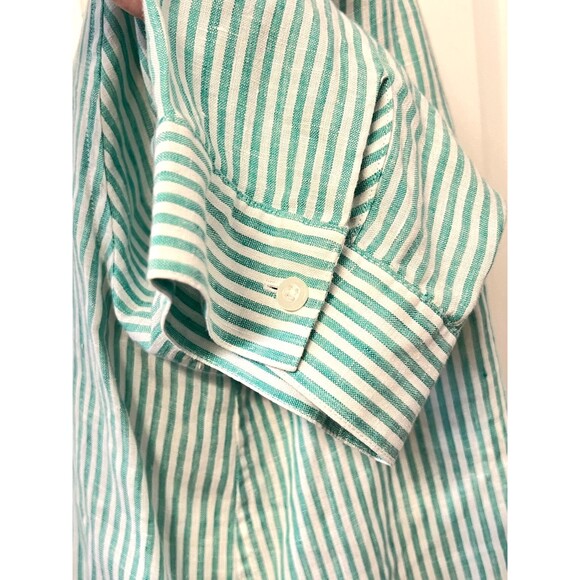 Chico's 100% Linen Shirt Blouse Women's Sz 2 Knot Tie Button Green White Stripe - Picture 5 of 9